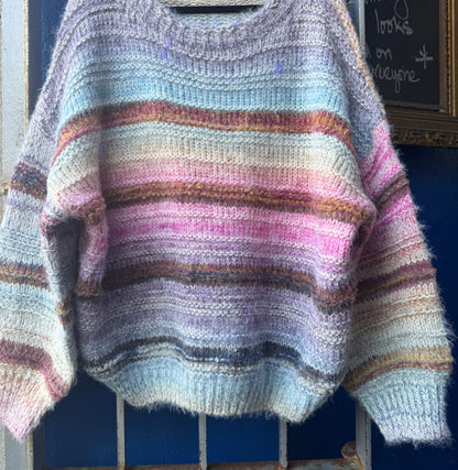 Mutli Colour Oversize Knit  Balloon Sleeve Sweater - Purple Blue Ivory Green Red