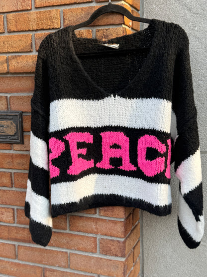Black and White Stripe V neck Sweater with Peace HOT PINK