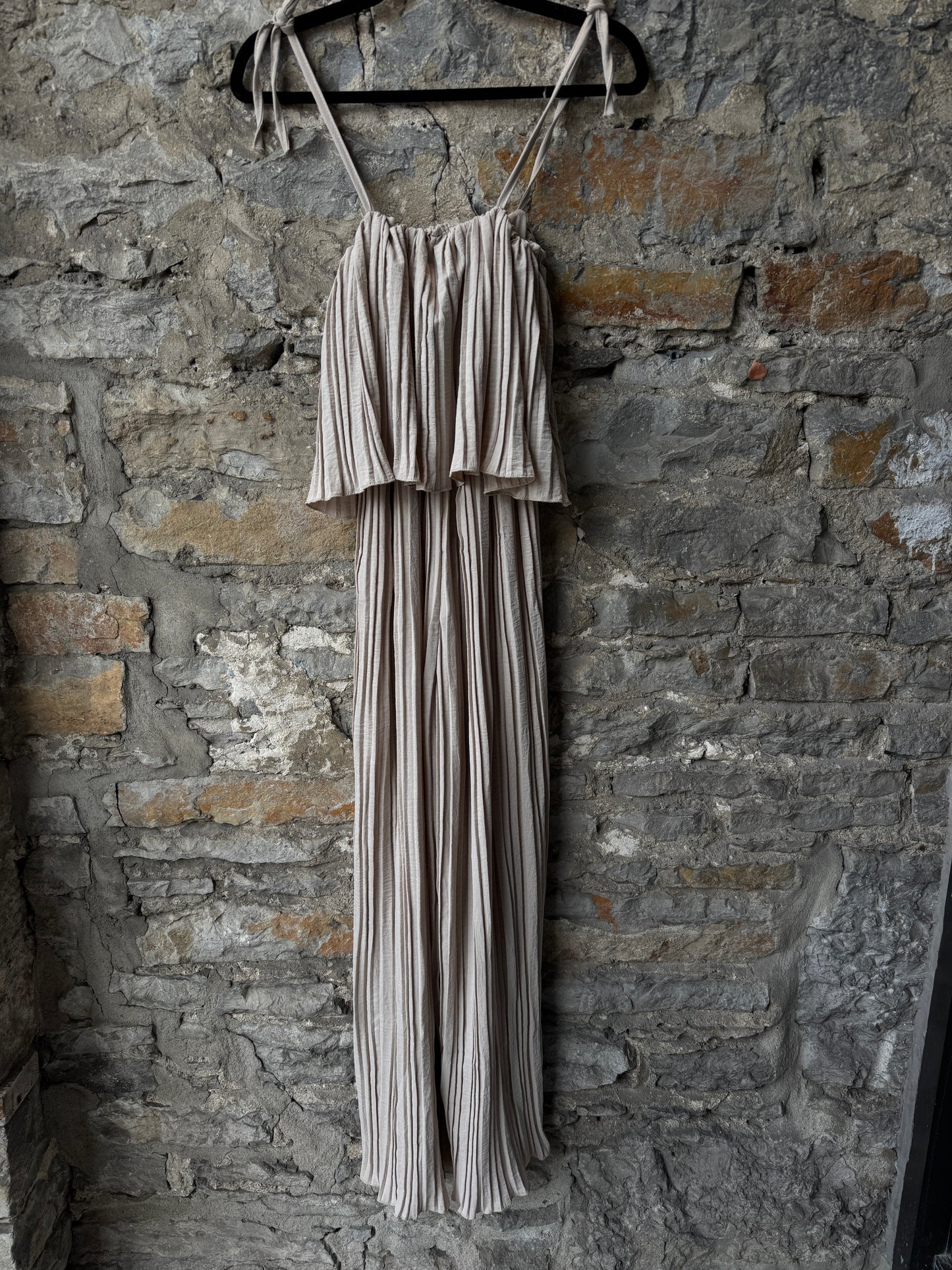 Pleated Wide Leg Jumpsuit - BEIGE