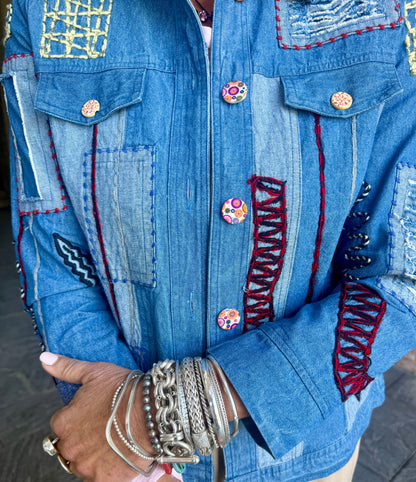 100% Cotton Denim Shacket with Multi-Colour Embroidery