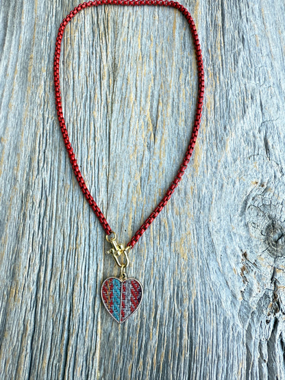 18" Red Enamel Link Necklace with Tapestry multi coloured gold trim heart pendant