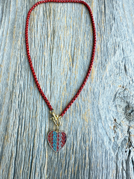 18" Red Enamel Link Necklace with Tapestry multi coloured gold trim heart pendant