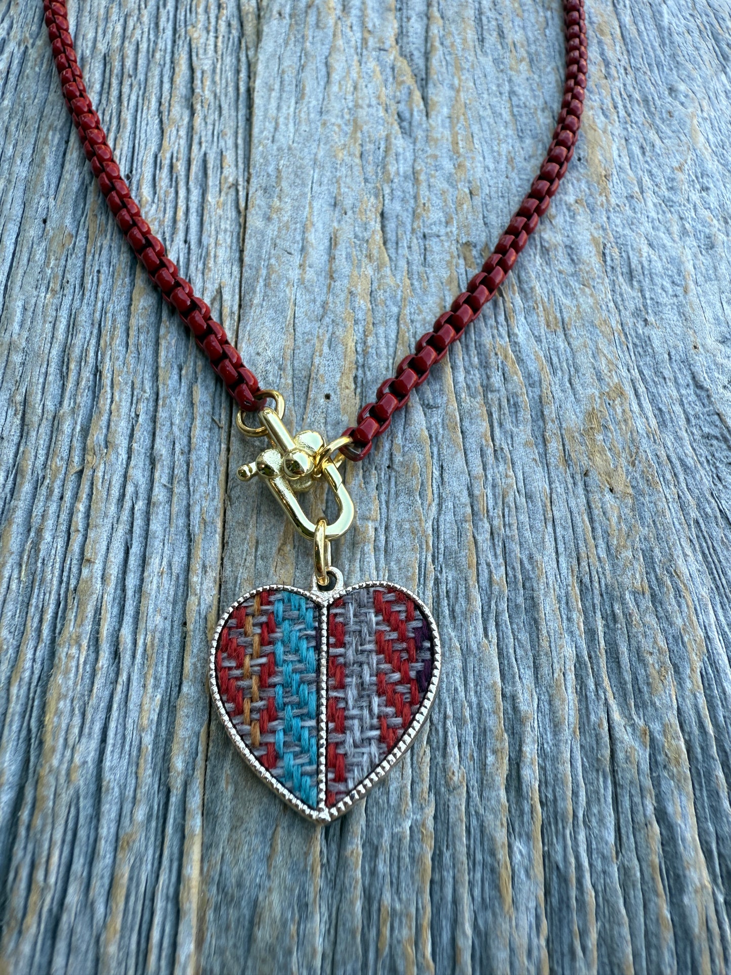 18" Red Enamel Link Necklace with Tapestry multi coloured gold trim heart pendant