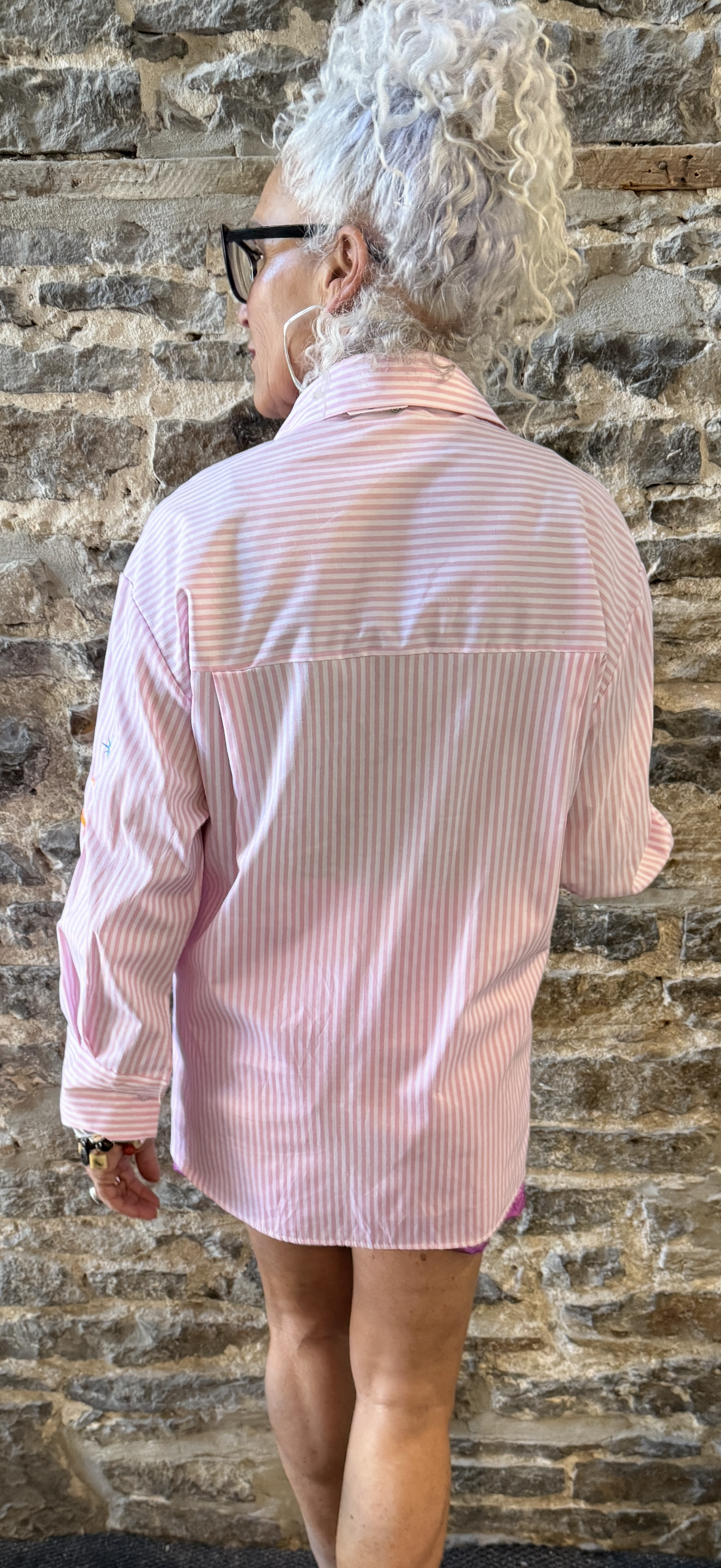 Pink and White Striped Shirt with Multi coloured embroidery