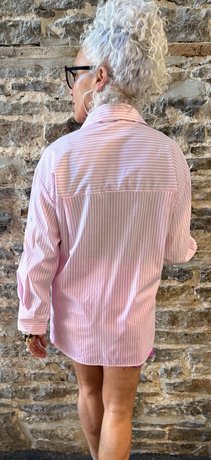 Pink and White Striped Shirt with Multi coloured embroidery