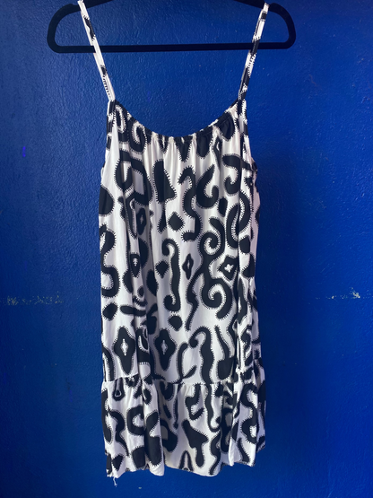 Printed Spaghetti Strap Sundress with Flounce - BLACK & WHITE