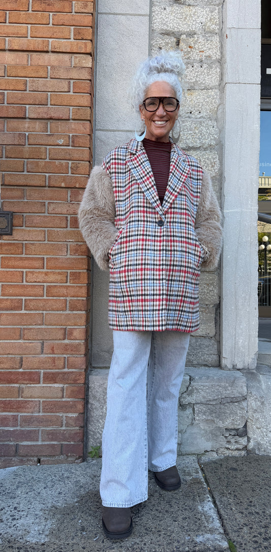 Plaid Peacoat Jacket with Faux Fur Sleeves