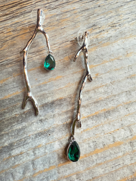 Unique Silver Drop Earring with Green Crystal drop