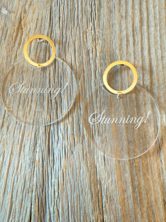 Statement one of a kind large round lucite and gold STUNNING earrings