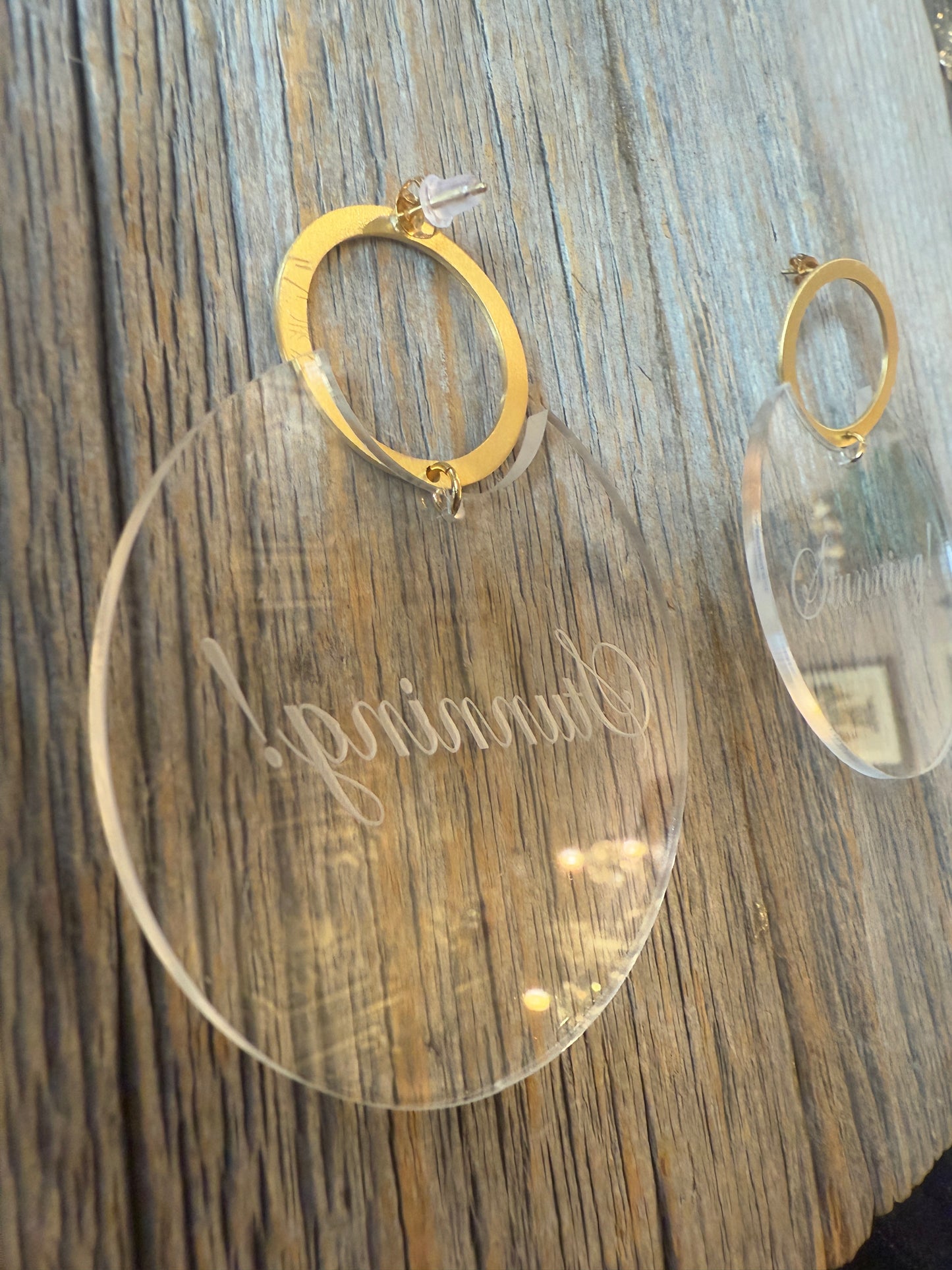 Statement one of a kind large round lucite and gold STUNNING earrings