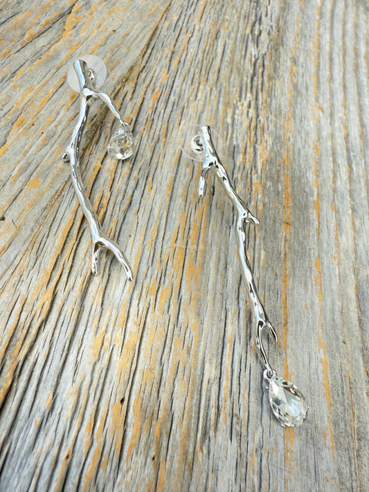 Unique Silver Drop Earring with Clear Crystal drop