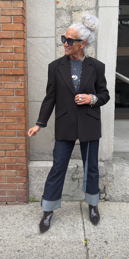 One Button Black Blazer with padded shoulders