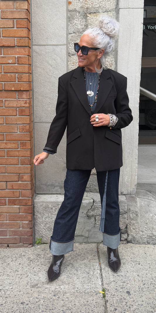 One Button Black Blazer with padded shoulders