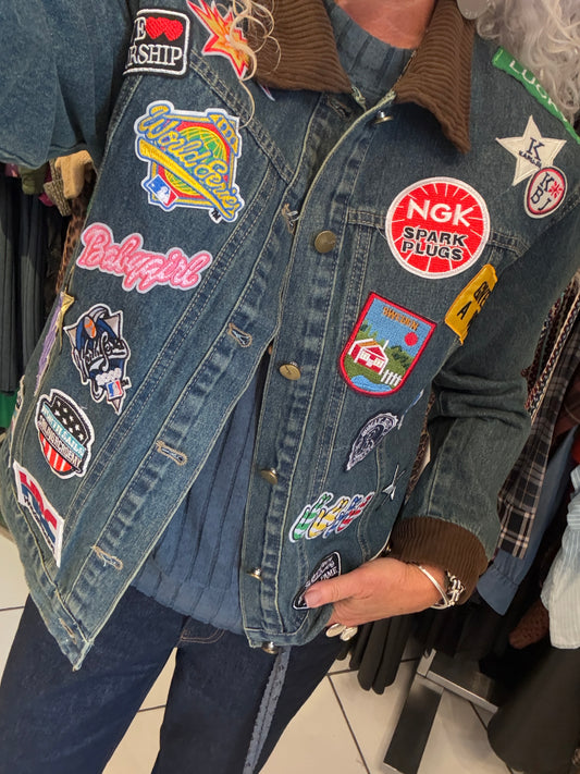 Cotton Denim Jacket with Multicolour Patches