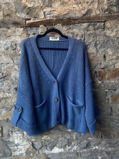 Chunky Knit Front Pocket Cardigan -Blue
