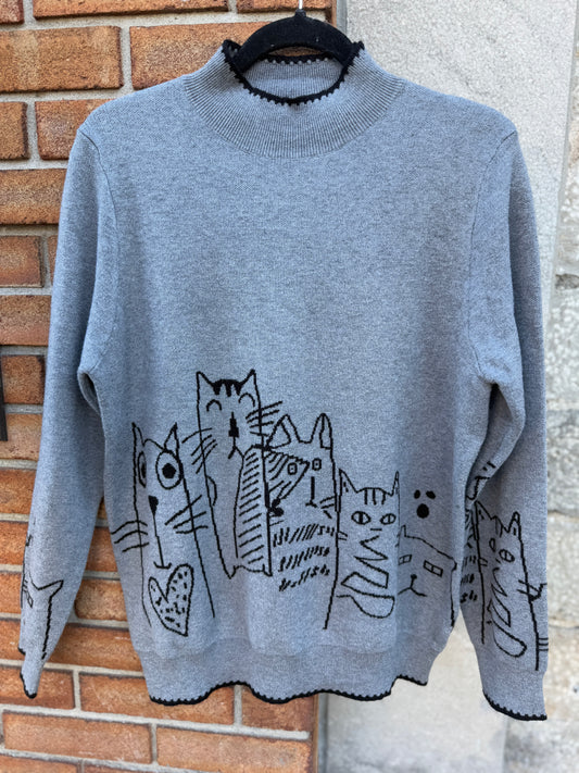 Knit Sweater with Black Trim  and Cats- Charcoal Grey
