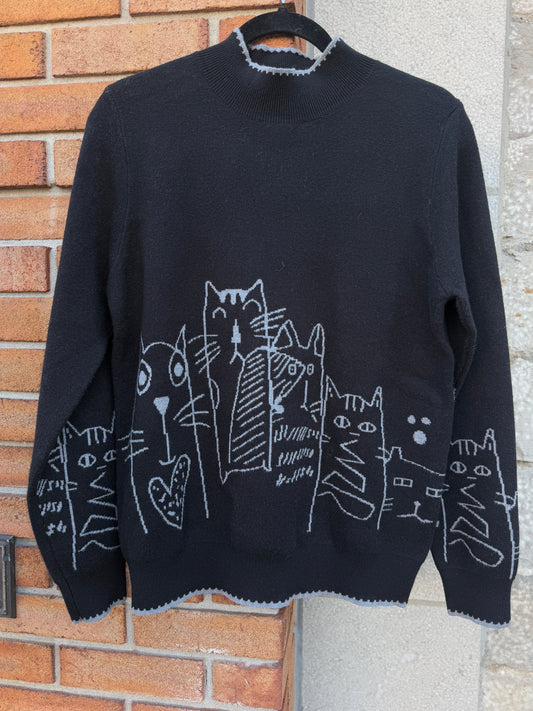 Knit Sweater with Black Trim  and Cats- Black and  Grey