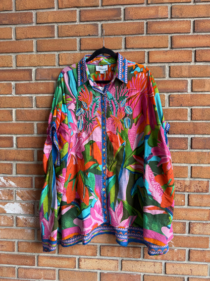 Oversized Colourful Shirt with embellishment - PINK BLUE GREEN CORAL