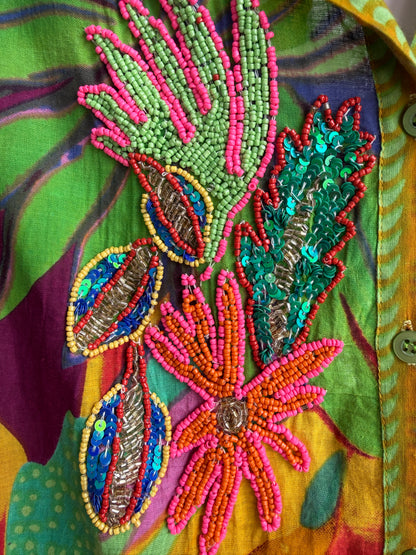 Oversized Colourful Cotton Shirt with Beading- YELLOW, PINK, PURPLE, GREEN