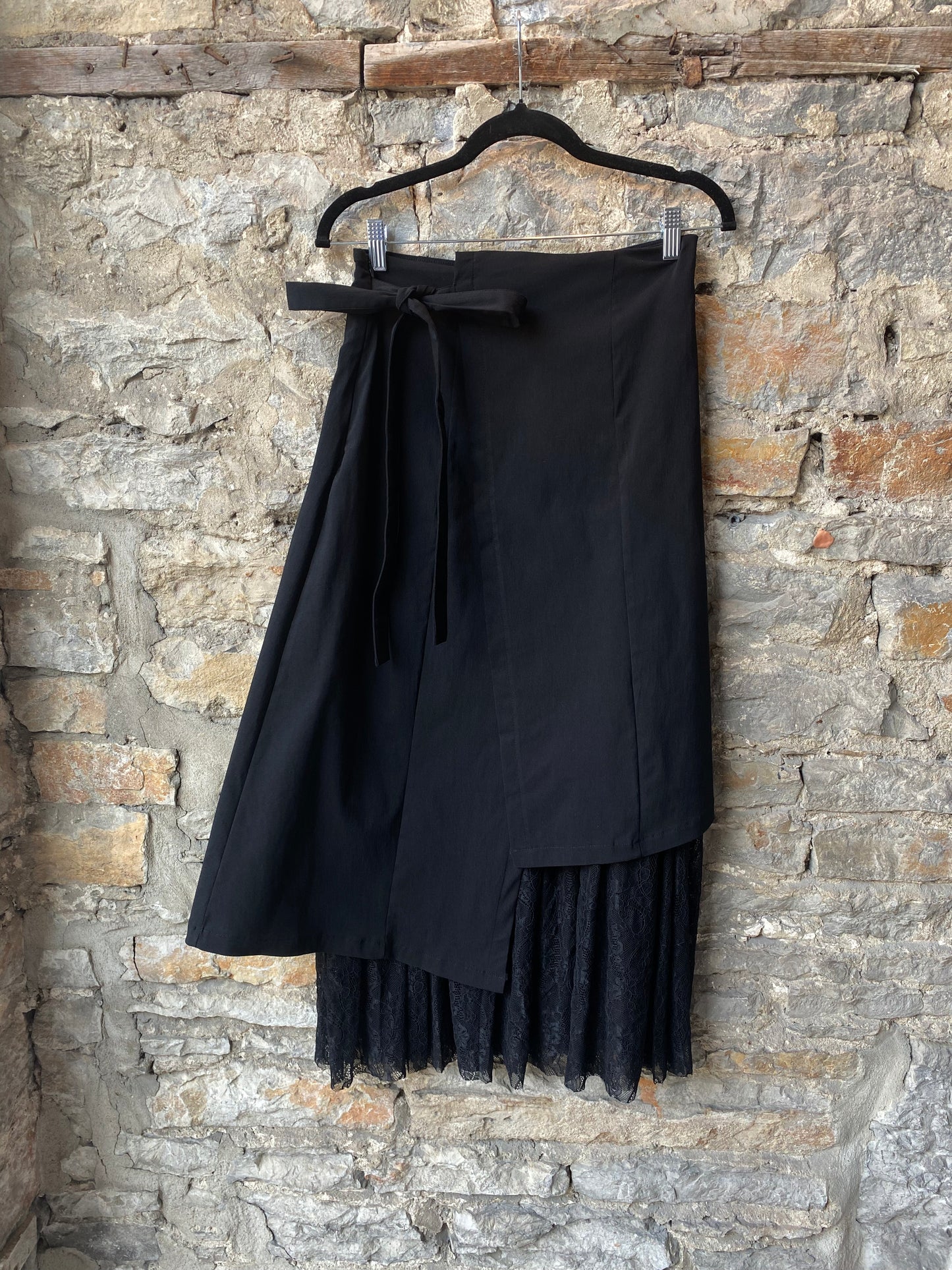 Black Asymmetric Wrap Front Skirt with Lace
