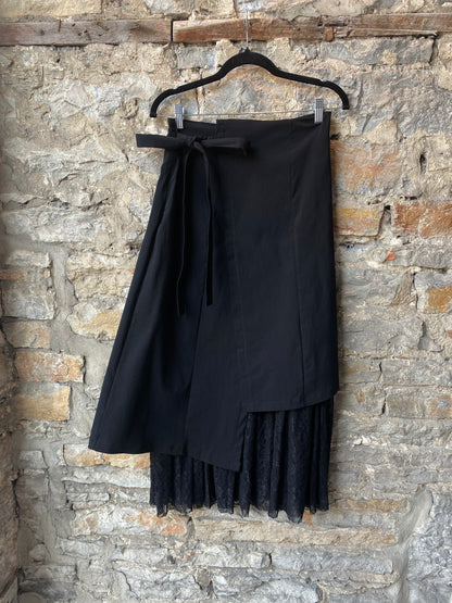 Black Asymmetric Wrap Front Skirt with Lace