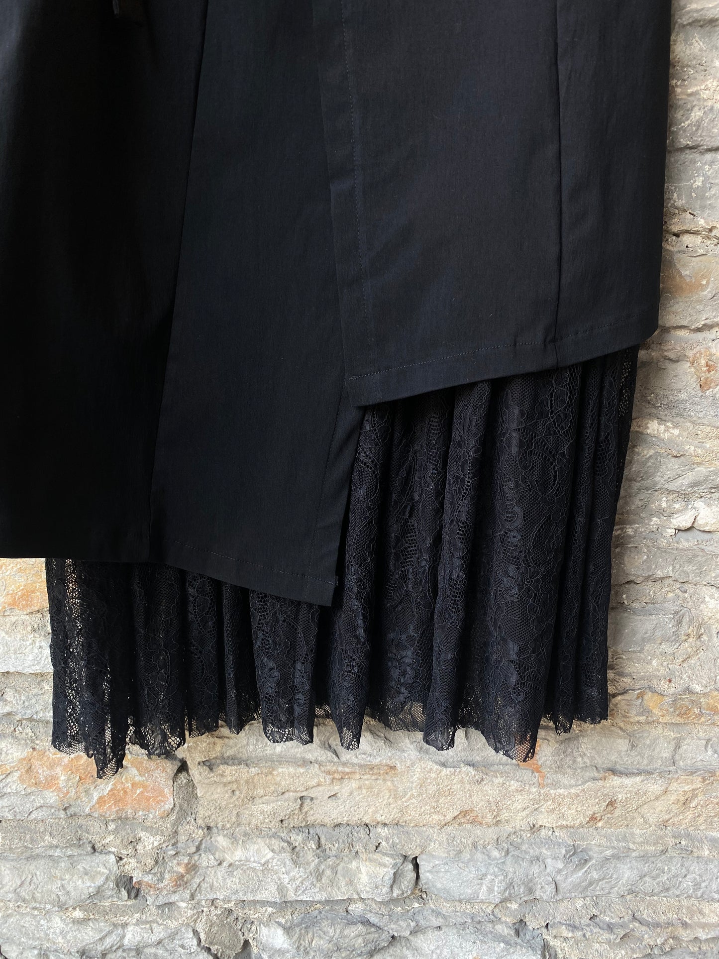 Black Asymmetric Wrap Front Skirt with Lace
