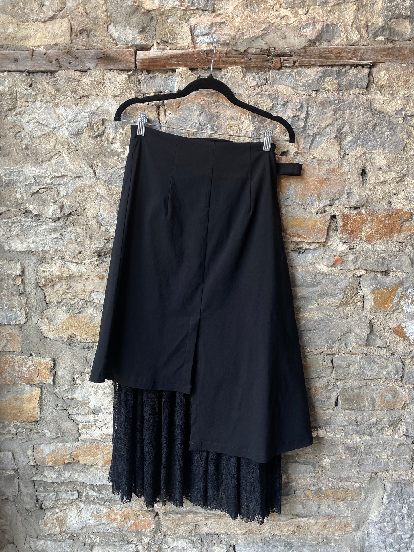 Black Asymmetric Wrap Front Skirt with Lace