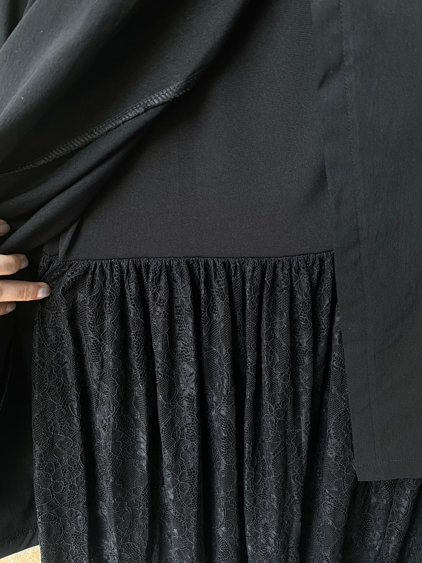 Black Asymmetric Wrap Front Skirt with Lace