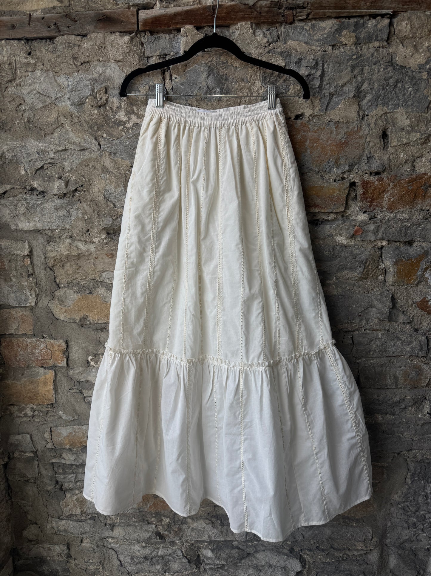 100% Cotton Eyelet Tiered Maxi Skirt -IVORY