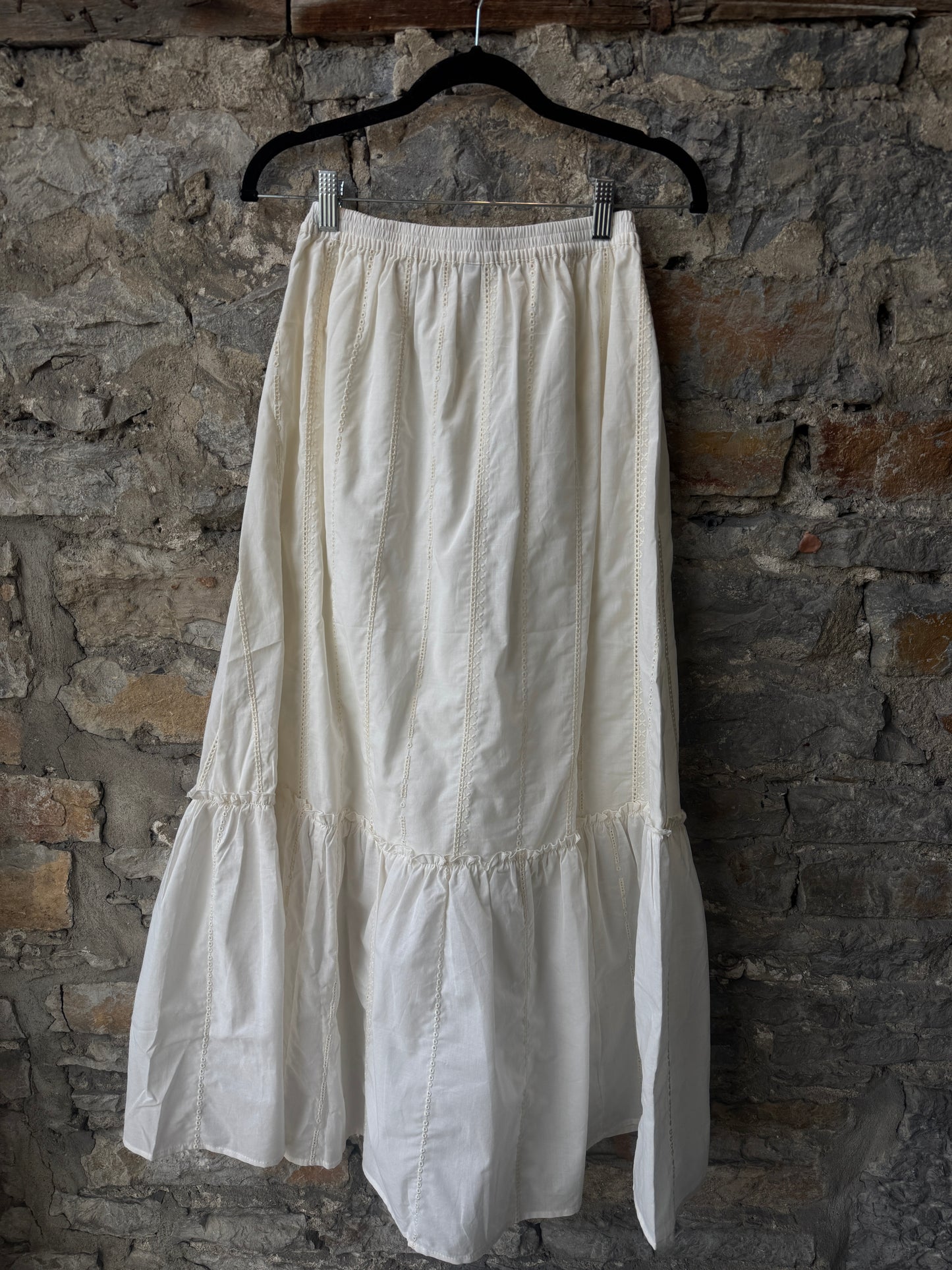 100% Cotton Eyelet Tiered Maxi Skirt -IVORY