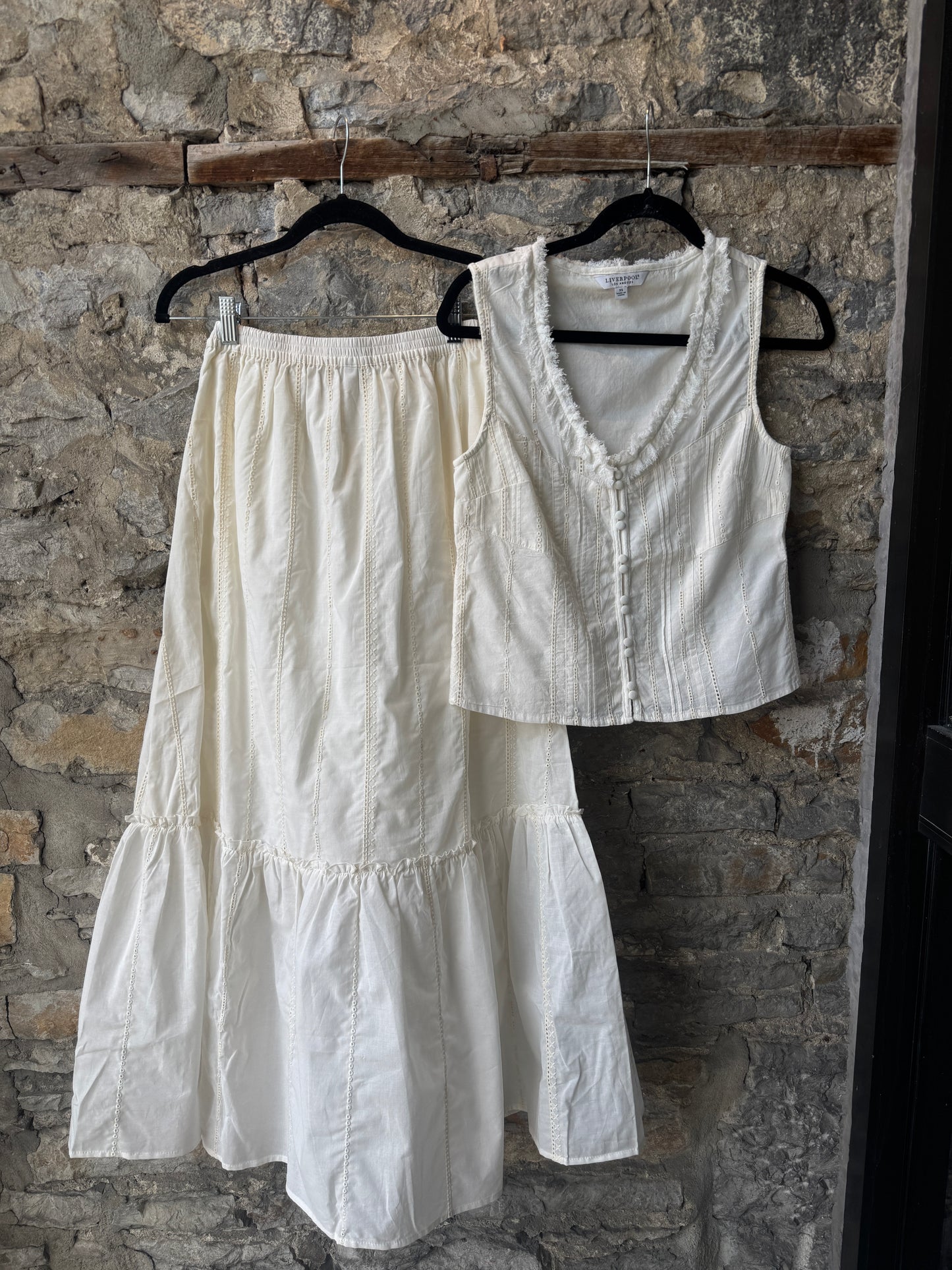 100% Cotton Eyelet Vest Top with Ruffled Detail - IVORY