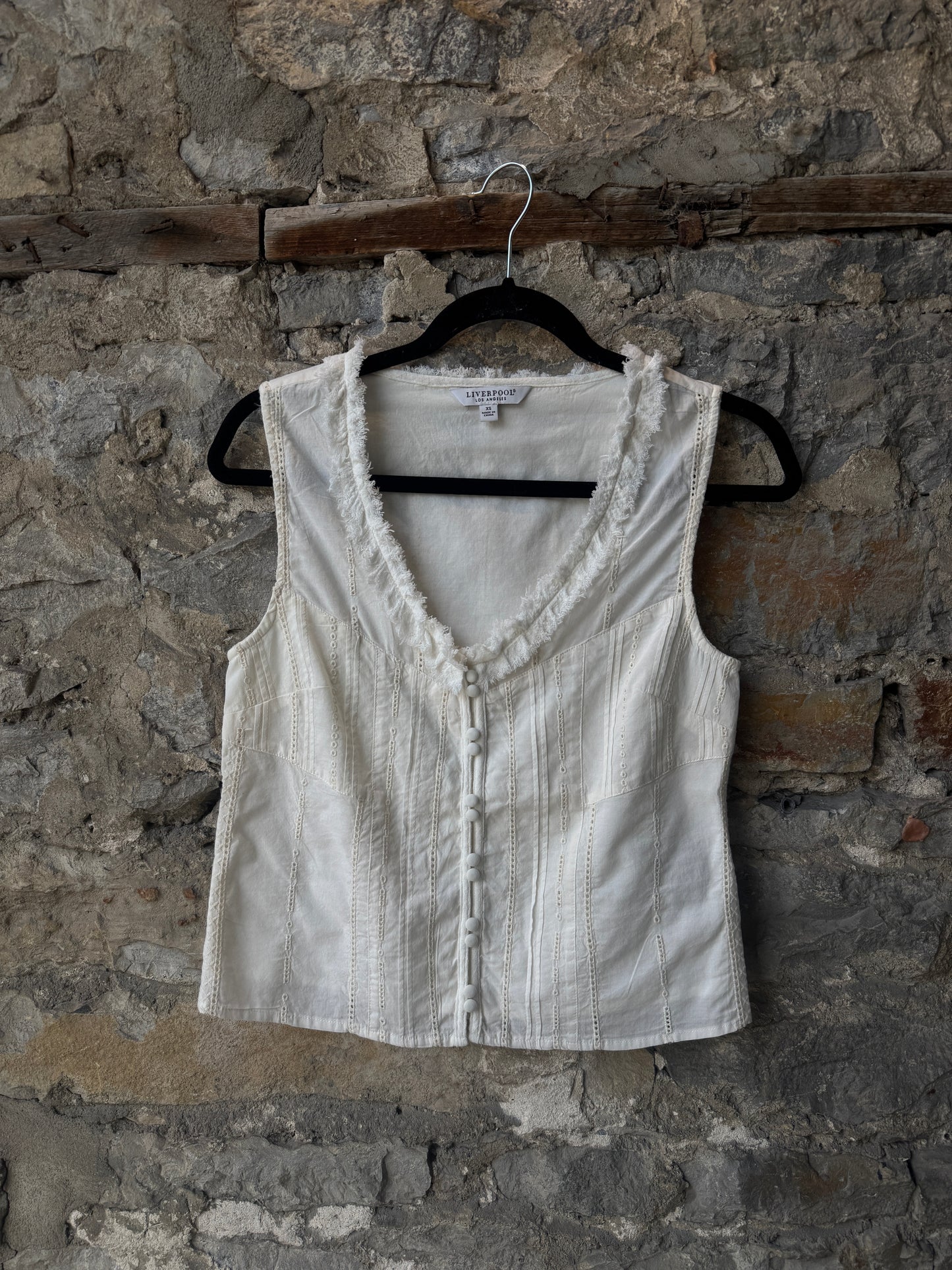 100% Cotton Eyelet Vest Top with Ruffled Detail - IVORY