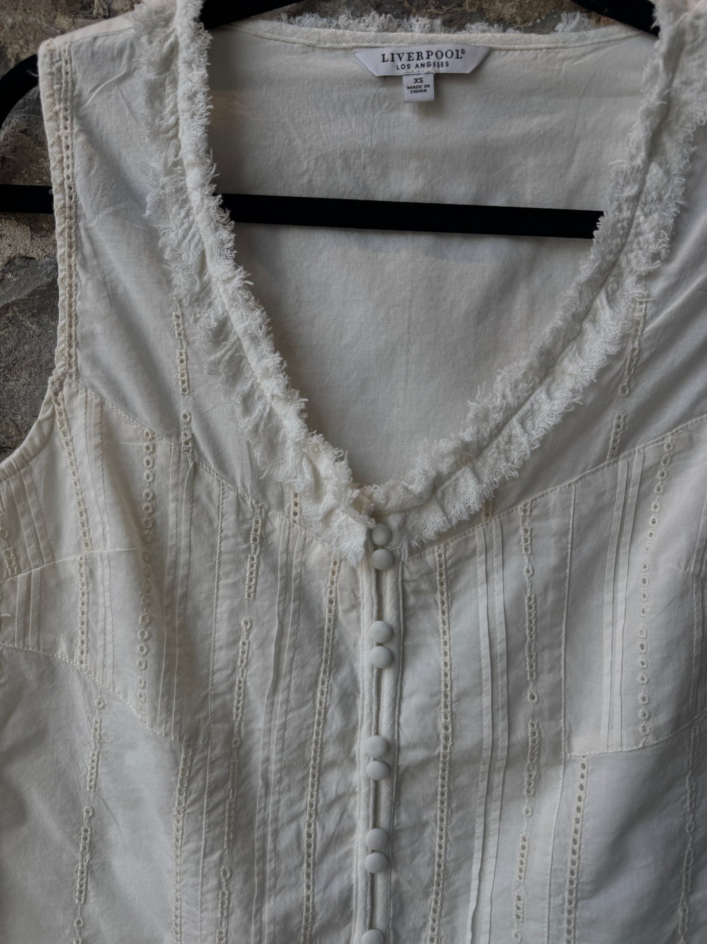 100% Cotton Eyelet Vest Top with Ruffled Detail - IVORY