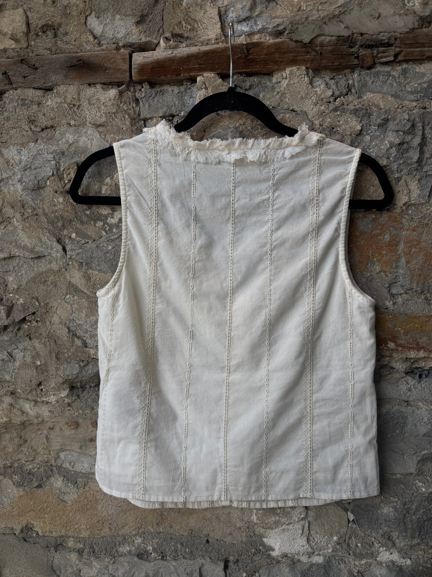 100% Cotton Eyelet Vest Top with Ruffled Detail - IVORY