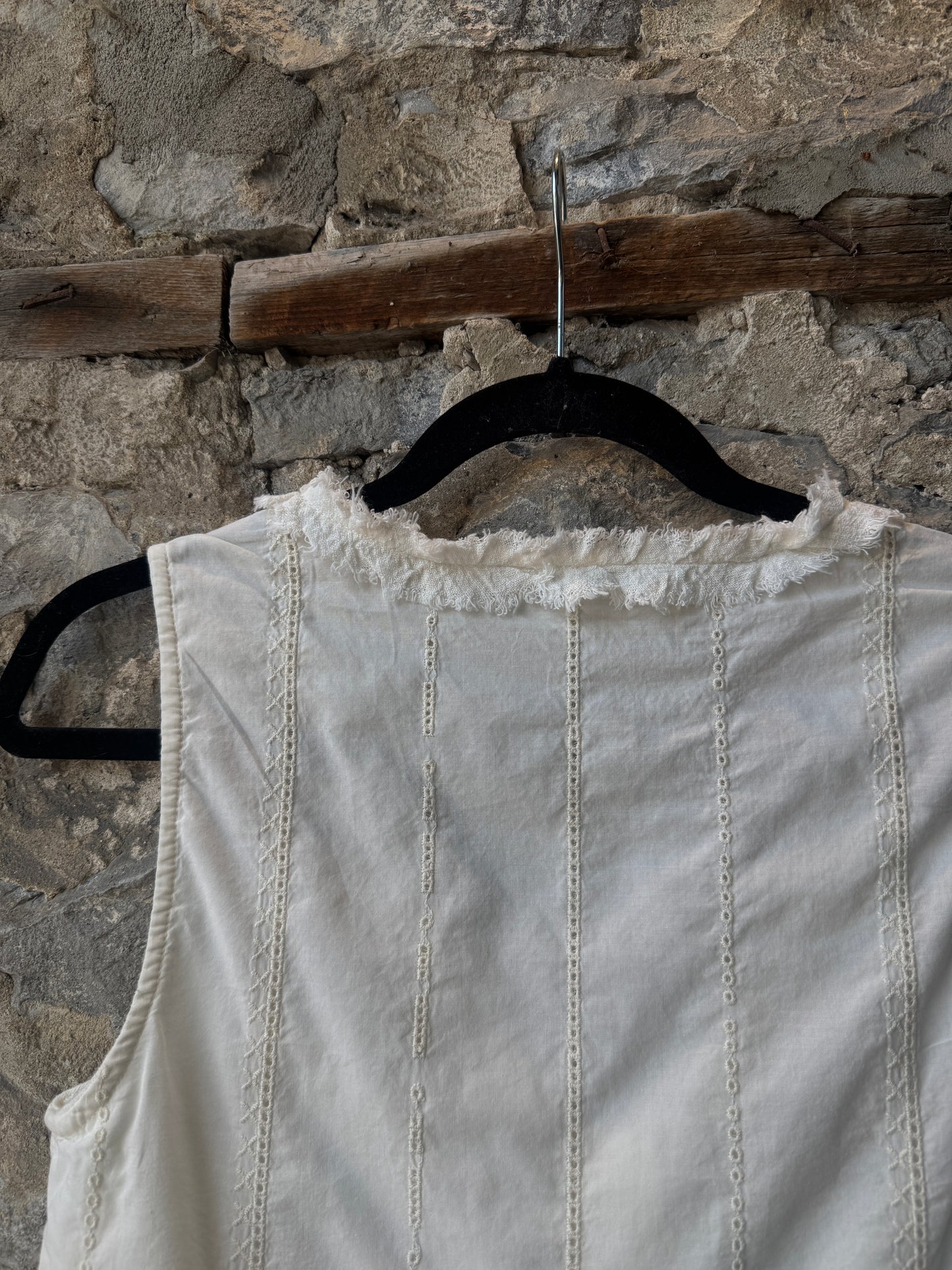 100% Cotton Eyelet Vest Top with Ruffled Detail - IVORY
