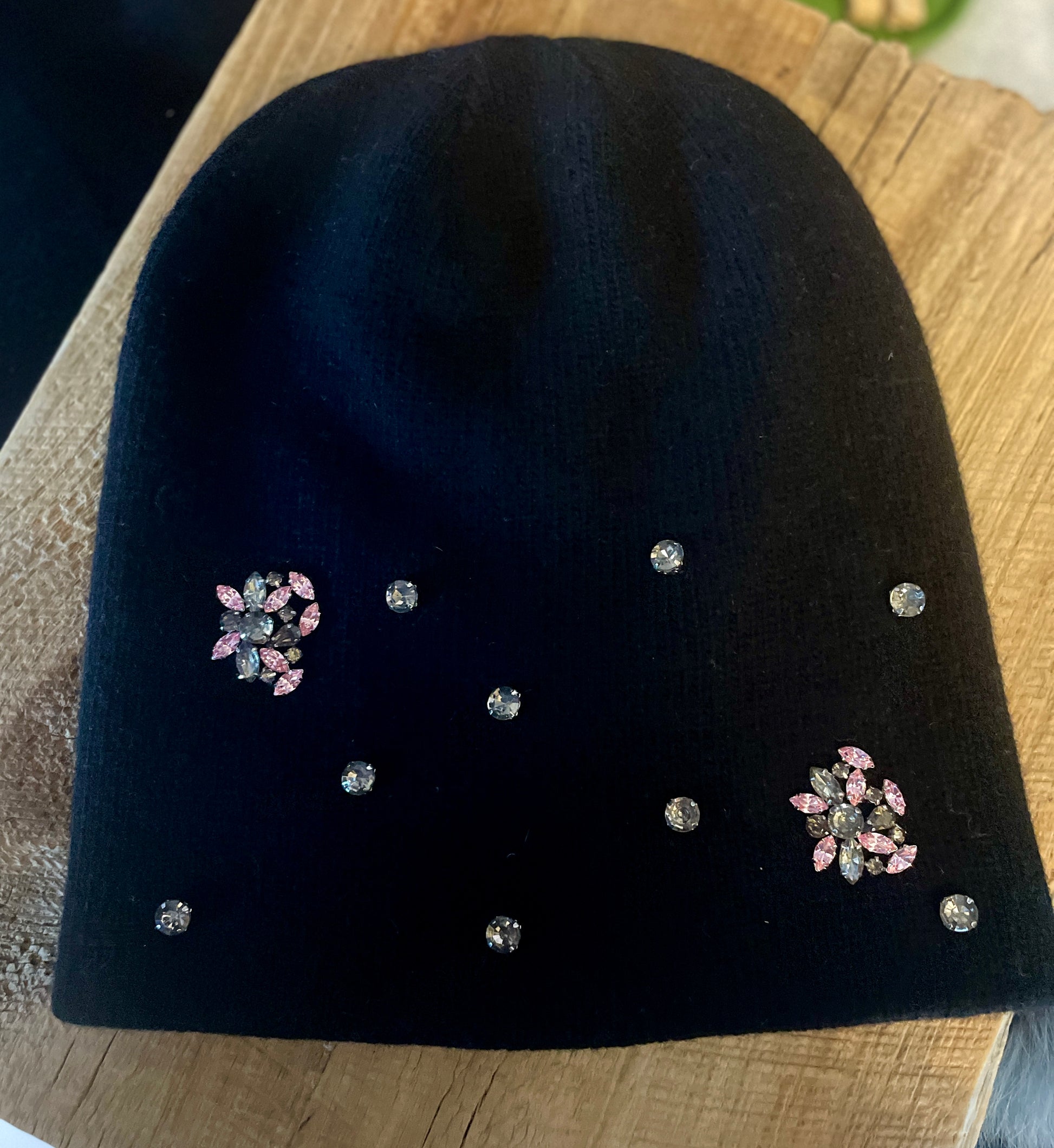 Black Cashmere Slouch Beanie with Rhinestone Crystals