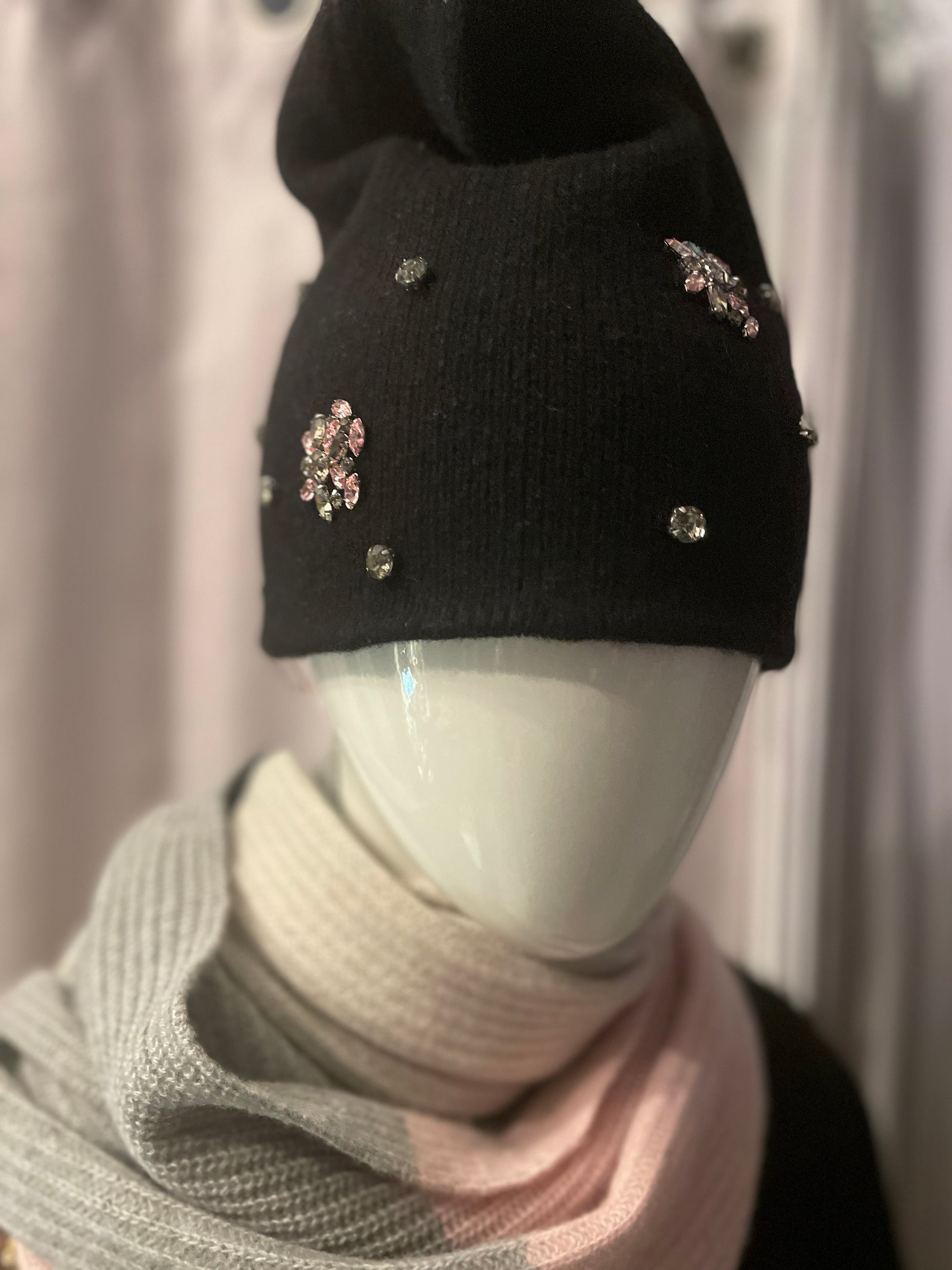 Black Cashmere Slouch Beanie with Rhinestone Crystals