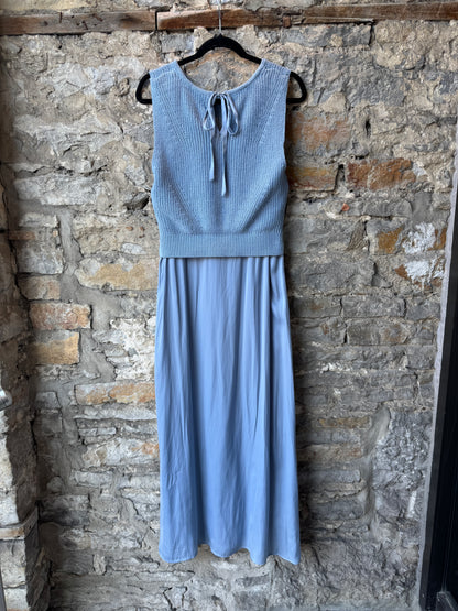 Sleeveless Knit Top A-line Maxi Dress with Pockets- BLUE
