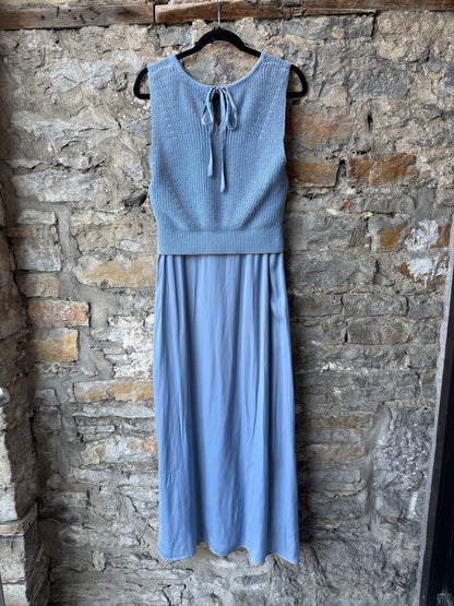 Sleeveless Knit Top A-line Maxi Dress with Pockets- BLUE