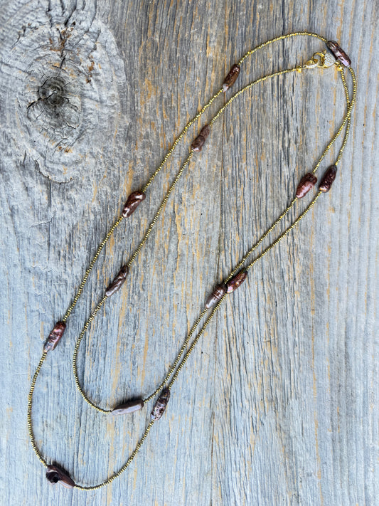 24" Long Brown Pearl and Bronze Versatile Necklace with Gold Clasp