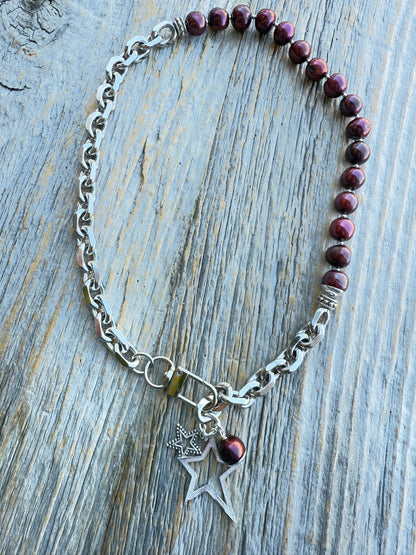 19" Burgundy Fresh Water Pearl with Chunky Silver Chain