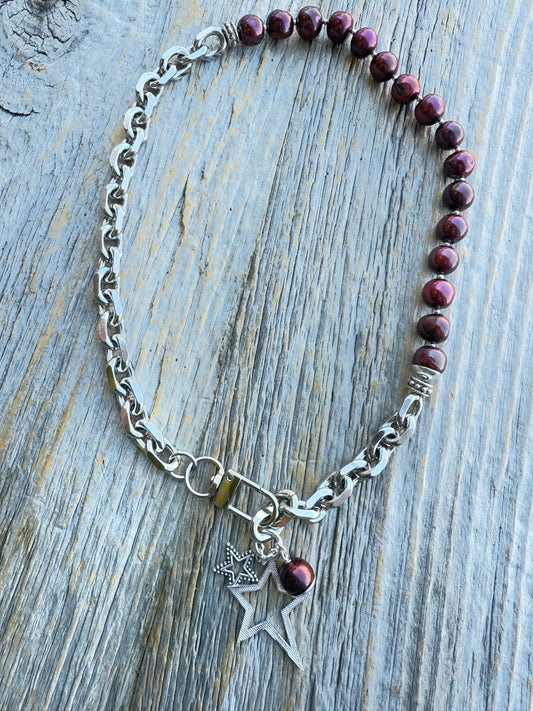 19" Burgundy Fresh Water Pearl with Chunky Silver Chain