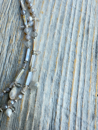 16" Semi Precious Double Strand Silver Grey and Pearl Necklace with Dragon Fly Pendant