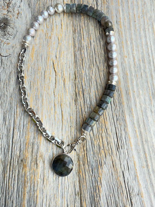20" Chunky Semi Precious Labradorite, Pearl and Silver Necklace