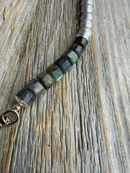 20" Chunky Semi Precious Labradorite, Pearl and Silver Necklace
