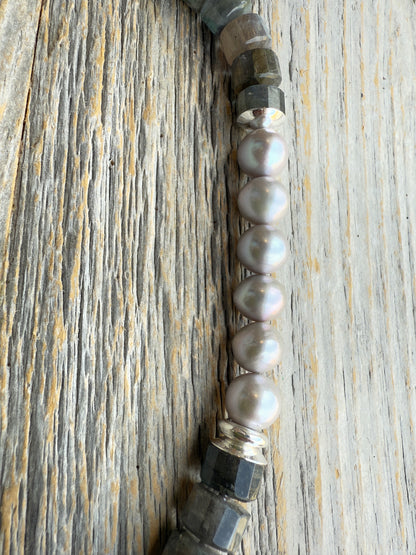 20" Chunky Semi Precious Labradorite, Pearl and Silver Necklace
