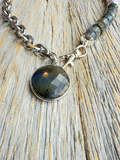 20" Chunky Semi Precious Labradorite, Pearl and Silver Necklace