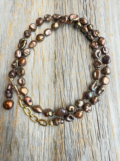 24" Versatile Bronze/Brown Pearl and Gold Link Larriette