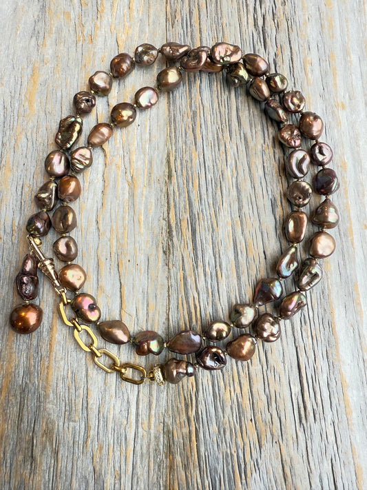 24" Versatile Bronze/Brown Pearl and Gold Link Larriette