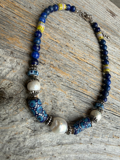 One of a Kind Semi Precious 15" necklace- Blue Lapis, Vintage African Trading Beads and Pearls